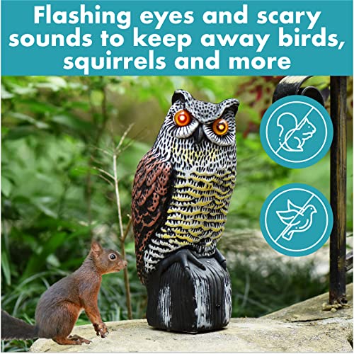 BIRD BLINDER Owl Decoy Singing Voice Shining Eyes Keeps Birds Away