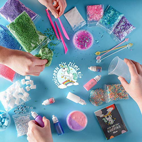 Kicko Slime Making Set Unicorn DIY - 88 Piece Kit with Storage Box - Fluffy, Beads, Glitter, Glue, Glow in The Dark, Color Dyes - for Boys, Girls, Party Favors