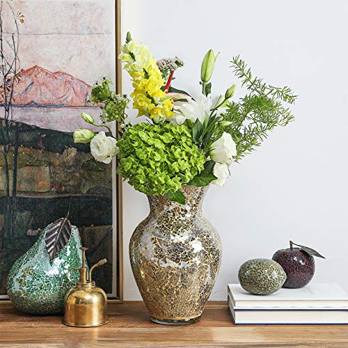 WHOLE HOUSEWARES Mosaic Glass Vase 10.5" Home Décor Centerpiece Elegant Glass Flower Vase Gold