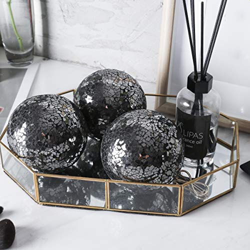 WHOLE HOUSEWARES | Decorative Balls | Set of 3 Glass Mosaic Orbs for Bowls | 4" Diameter | Table Centerpiece | Coffee Table and House Decor (Mirror-Black)