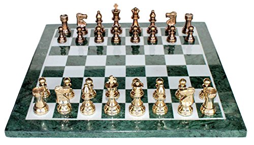 StonKraft Collectible Green Marble Chess Board Set Brass Crafted Pieces Pawns