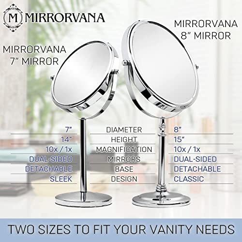 MIRRORVANA 10X Magnifying Makeup Mirror on Round Stand for Tabletop, Bedroom Vanity Desk and Bathroom Counter - Free Standing Double Sided 10X/1X Magnification Mirror - 7" Wide and 14" Tall (Chrome)