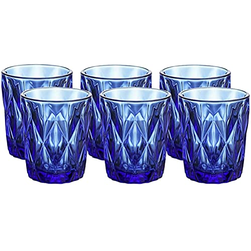 WHOLE HOUSEWARES | Colored Glass Drinkware Set | Vintage Drinking Cups | 9.5 Ounce Water Glasses | Set of 6 | For Wedding or Parties | Cobalt Blue Diamond Pattern (Vintage Drinking Cups)