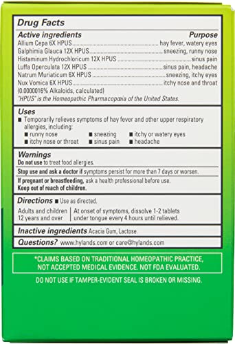 Hyland's Naturals Indoor & Outdoor, Non Drowsy Seasonal Allergy Relief Pills, Safe and Natural, Quick Dissolving Tablets, White, 60 Count