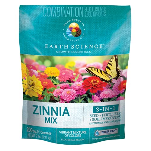 Zinnia Mix from Earth Science (2 lb), 3-in-1 Mix with Premium Wildflower Seed, Plant Food and Soil Conditioners, Non-GMO