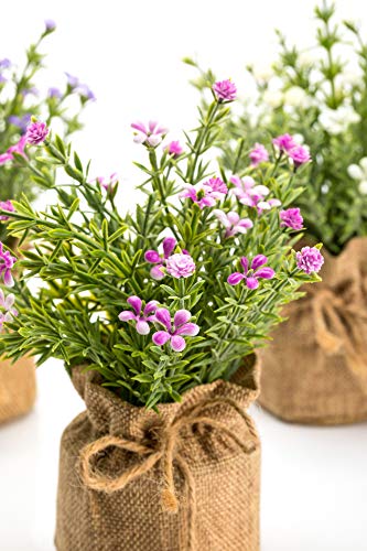 Velener Mini Artificial Baby's-Breath Flower in Linen Burlap Pot for Home Décor Table Décor Purple Pink White Flowers (Set of 3)