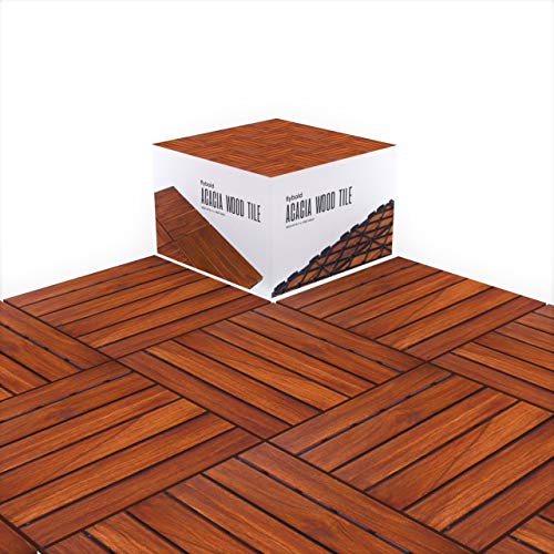 flybold Acacia Wood Outdoor Flooring Interlocking Deck Tiles (Pack of 10, 12" x 12") Patio Flooring Waterproof UV Protected All Weather Tile for Composite Decking Dance Floor for Outdoor Party Balcony