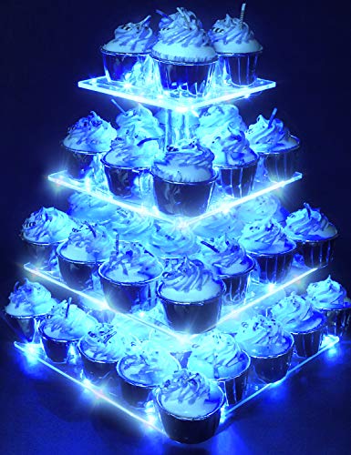 Vdomus Cupcake Holder 4 Tier Acrylic Cupcake Stand Display Stand with Blue LED String Lights Dssert Stand Tower for Birthday/Wedding/Babyshower Party. Blue
