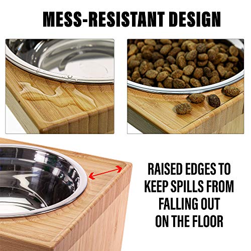 Prosumer's Choice Bamboo Adjustable Height Dog and Cat Bowls and Stand - 4.7 to 7.7 Inches Tall | Spill and Mess Resistant Design | Dog Raised Bowls | Stainless Steel Bowels