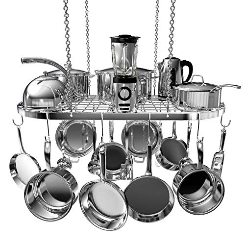 Vdomus Hanging Pot Rack Pot and Pan Ceiling Rack, Mounted Cookware Storage Pan Rack , Hanging Pot and Pan Suspended Organizer with 15 Hooks (33 x 17 Inch) for Kitchen Organization Storage