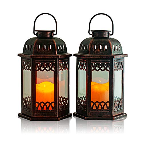 SteadyDoggie Solar Lanterns 2 Pack Bronze Hanging Lights with Flickering Candle LED Bronze