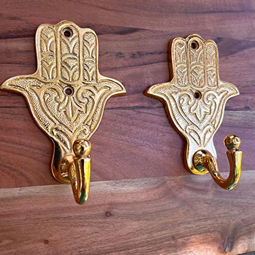 Decorative Hooks for Boho or Maximalist Decor - Towel Hooks - 2 Pack Heavy Duty 5" Hamsa Hand Coat Hooks, Gold Entryway Key Hooks, BOUDIKAA