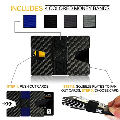Fidelo Minimalist Wallet For Men - Slim RFID Blocking Mens Wallets Credit Card Holder. 3K Carbon Fiber. The Compact Wallet Comes With 5 Colors of Cash Bands - Minimalist Elite