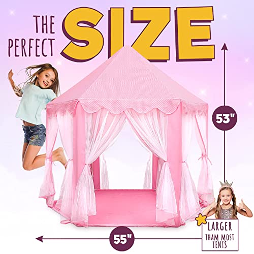 ORIAN Princess Castle Playhouse Tent for Girls with LED Star Lights – Indoor & Outdoor Large Kids Play Tent for Imaginative Games – ASTM Certified, 230 Polyester Taffeta. Pink 55"x53".
