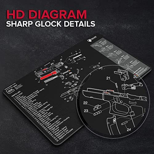 Gun Cleaning Mat for Glock - Double Thickness Gun Mat - HD Exploded Diagram Including Parts List, Lubrication Points and Disassembly Steps (20 by 12 Inches)