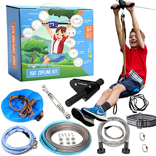 Hyponix Zip Lines for Kids and Adults Outdoor up to 350 Lbs - 150 ft - 100% Rust Proof W/Safety Harness Zip Line Kit | Zipline for Backyard Kids and Adults | Zipline Kits for Backyard