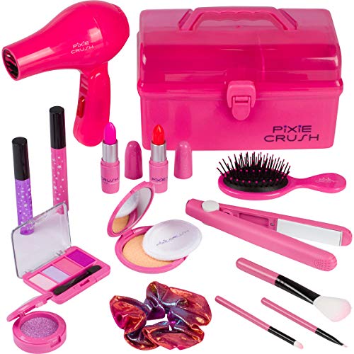 PixieCrush Kids Makeup Kit for Girls with Pretend Hair Dryer and Flat Iron