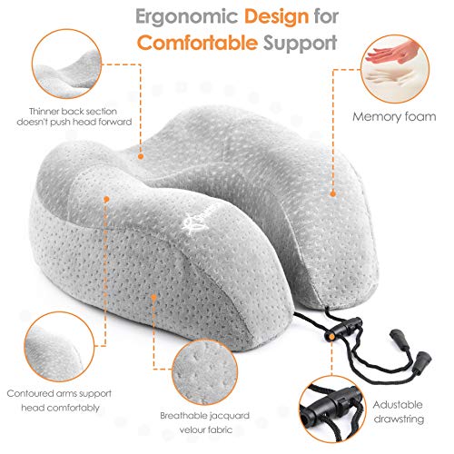 Travel Neck Pillow for Airplanes - Memory Foam Neck Support Pillow with Ergonomic Design and Plush Cover Soft Pearl Gray