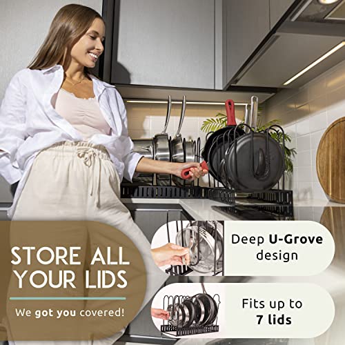 GeekDigg Pot Rack Organizer For Cabinet or Countertop, 3 DIY Methods Pot Rack, Height and Position are Adjustable 8+ Pots and Pan Lid Holder, Black Metal Kitchen Pantry Organizer Upgraded Version