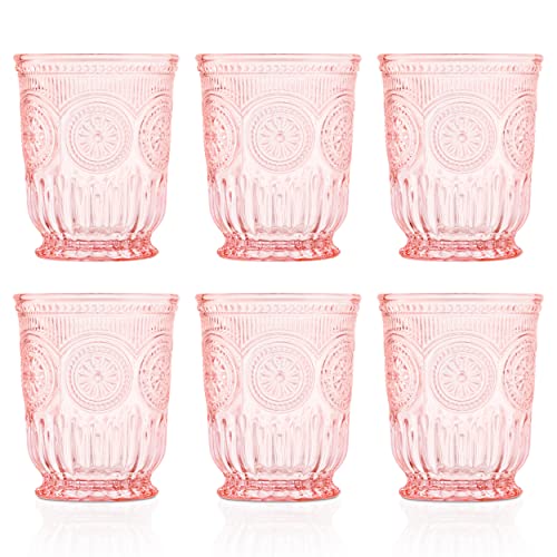 Pink Glassware set of 6 small pink cups with beautifully embossed sunflower design, strong sturdy glass 100% dishwasher safe