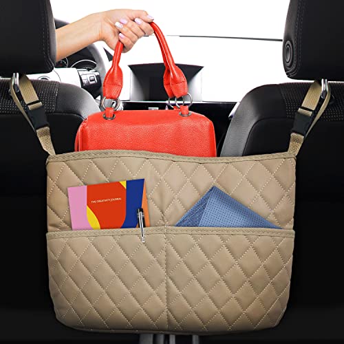 JT HOME Car Net Pocket Handbag Holder Luxury Quilted PU Leather Organizer Beige