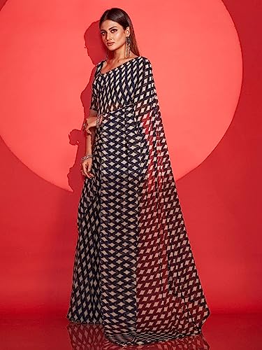 Craftstribe Navy Blue Poly Georgette Printed Ready to Wear Saree With Blouse