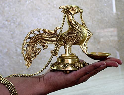 eSplanade Brass Diya Indian pooja lamp| Hanging Brass Deepak Deepam Kuthu Vilakku| With bells (Peacock).