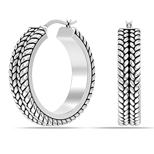 Lecalla Sterling Silver Antique Texture Byzantine Hoop Earrings 30mm