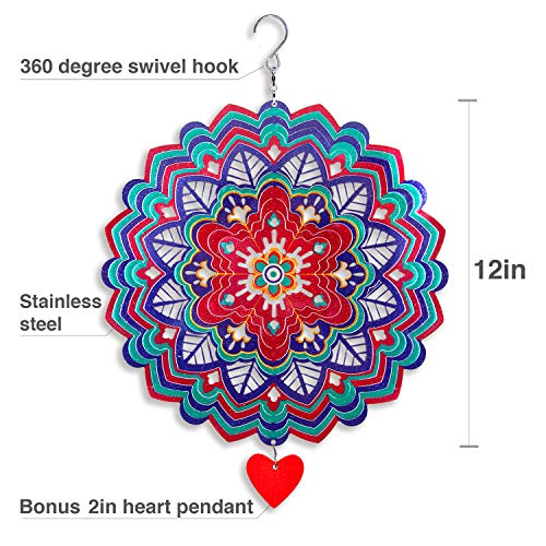 Wind Spinner Mandala Hibiscus 12 inches – 3D Stainless Steel – Laser Cut Metal Art Geometric Pattern - Hanging Wind Spinner, Kinetic Yard Art Decorations - Indoor/Outdoor Decor