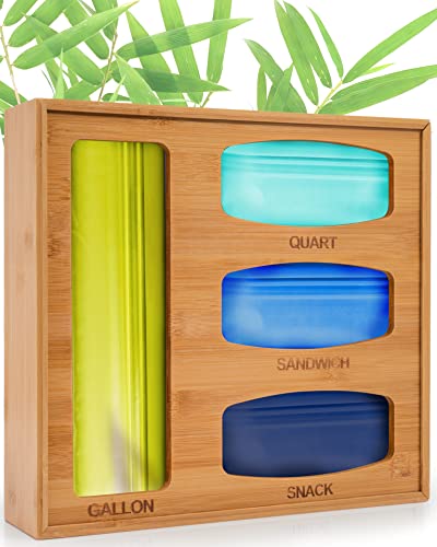 Bamboo Ziplock Bag Organizer for Drawer - Kitchen or Pantry Organizer Bag Holder for Food Storage Bags, Larger for Ziploc and Slider bags, Plastic Containers & Sandwich Bags (13x12x3in) Wall Mount