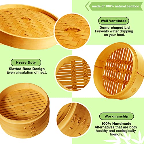 Mister Kitchenware 10 Inch Handmade Bamboo Steamer 2 Tier Baskets