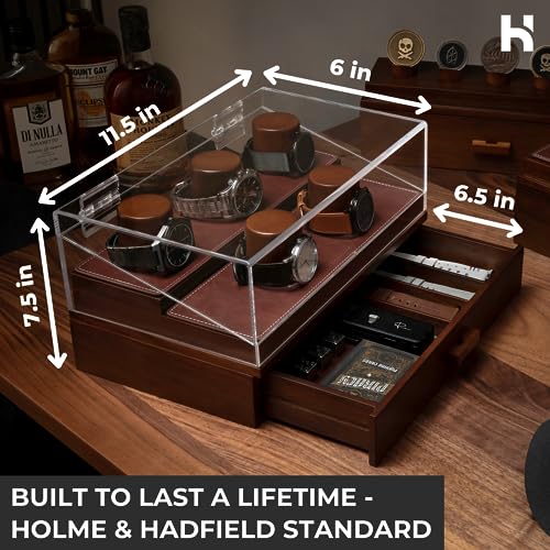 Watch Box Organizer for Men - 5 Pillar Watch Holder w/Hinged Acrylic Cover & Padding - Watch Box for Men w/Large Drawer for Accessories - 360 Watch Display Case - Watch Case - The Curator Pro, Walnut