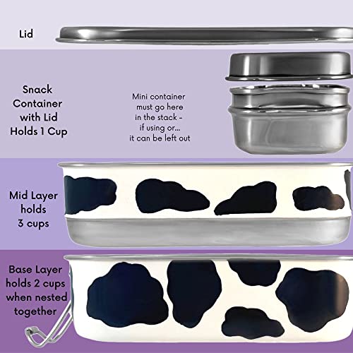 BOUDIKAA Cow Print Lunch Box - Large Metal Bento Box for Adults and Teens - Holds 5 Cups of Food - Divided Meal Container with Snack Tin