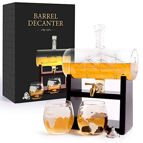 flybold Whiskey Decanter Set Whisky Decanter & Glass Set Antique Barrel Ship Decanter Handblown Gift for Men Includes Stand 1160ml Dispenser 2 Whiskey Globe Glasses for Scotch Bourbon Wine Rum Tequila