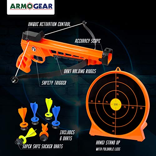ArmoGear Bow & Arrow Archery Set | Includes Blaster Bow, 6 Suction Darts, Shooting Target | Great Crossbow Toy for Kids | Indoor & Outdoor Play Toy for Kids Boys & Girls