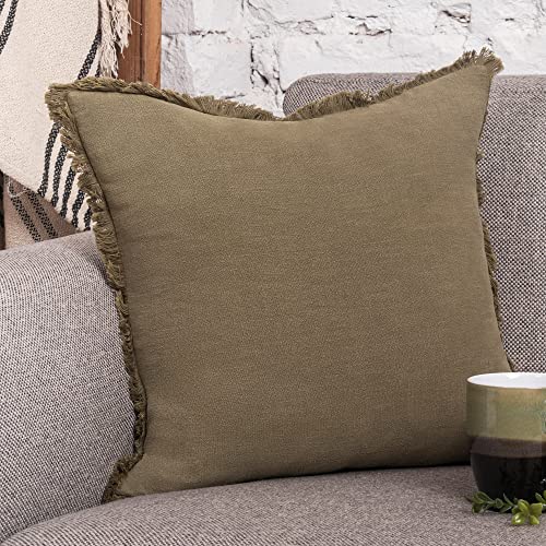 Inspired Ivory Decorative Linen Pillow Cover 18x18 Inch - Khaki Green Throw Pillow Cover with Fringe & Invisible Zipper 45x45cm