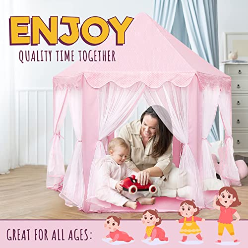 ORIAN Princess Castle Playhouse Tent for Girls with LED Star Lights – Indoor & Outdoor Large Kids Play Tent for Imaginative Games – ASTM Certified, 230 Polyester Taffeta. Pink 55"x53".