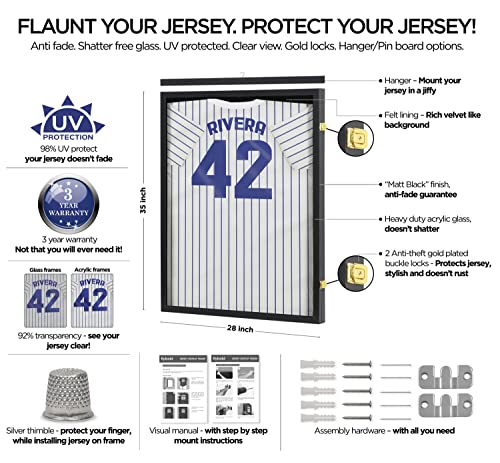 flybold Jersey Frame Display Case - Large Jersey Display Case Memorabilia - Acrylic Anti Fade 98% UV Protection - Jersey Framing Kit for Football | Baseball | Basketball | Soccer | Hockey - Black XL