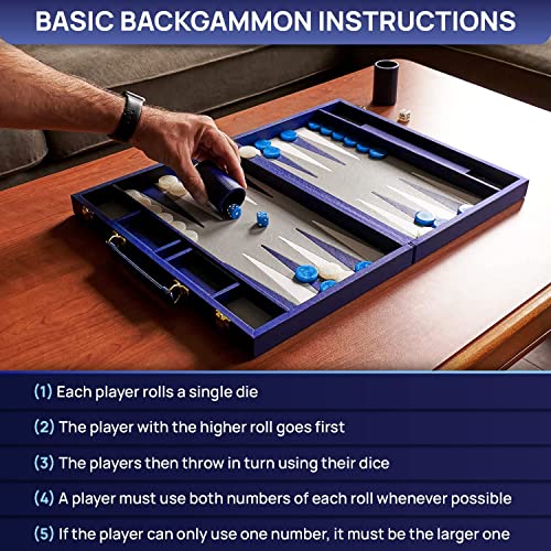 Deluxe Backgammon Set - Collector’s Edition Travel Backgammon Sets for Adults with Luxurious Board Game Case - Navy, 15 Inches