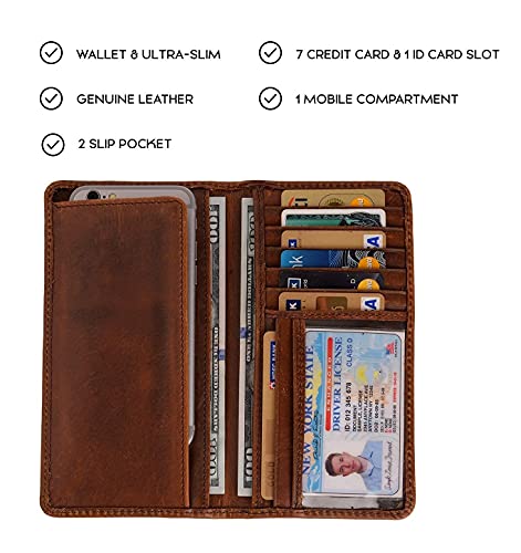 Top Grain Leather Bifold Men's long wallet for Checkbook Vintage Brown.