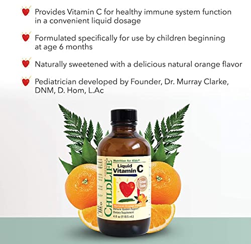 CHILDLIFE ESSENTIALS Liquid Vitamin C - Immune Support, Vitamin C Liquid, All-Natural, Gluten-Free, Allergen Free, Non-GMO, High in Antioxidants - Orange Flavor, 4 Ounce Bottle