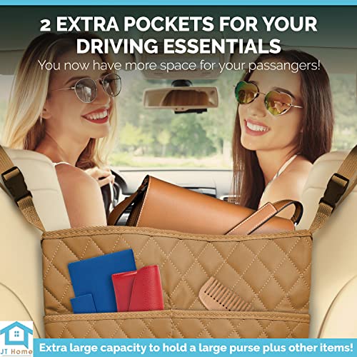 JT HOME Car Net Pocket Handbag Holder Between Seats, Luxury Quilted PU Leather Purse Car Organizer With 2 Extra Pockets For Storage, Sable Brown