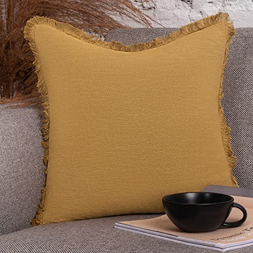 Inspired Ivory Linen Pillow Cover 18x18 Inch - Rustic Decorative Mustard Yellow Throw Pillow Cover with Fringe - Farmhouse Accent Pillow Cushion Cover for Sofa, Couch, Bed Decor, Single Sham, 45x45cm