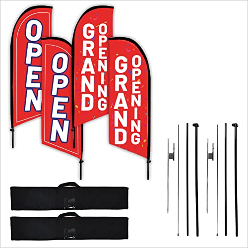 2 Pack Red Grand Opening and Now Open 6-Feet Flags Signs Banners - Includes 2 Sets Of Pole Stakes and Carrying Cases and 4 Flags