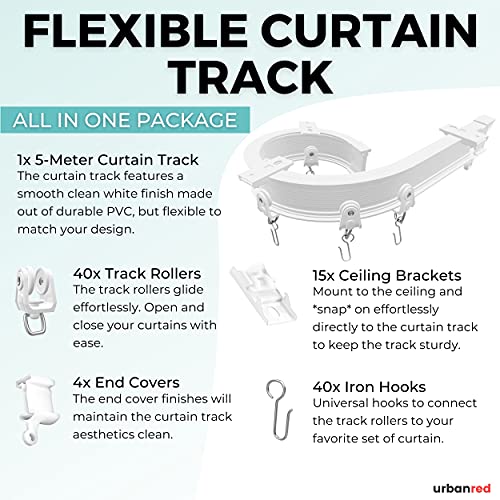 UrbanRed Flexible Bendable Ceiling Curtain Track, 5 Meters (16.4ft), Ceiling Track Ceiling Mount for Curtain Rail with Track Curtain System, RV