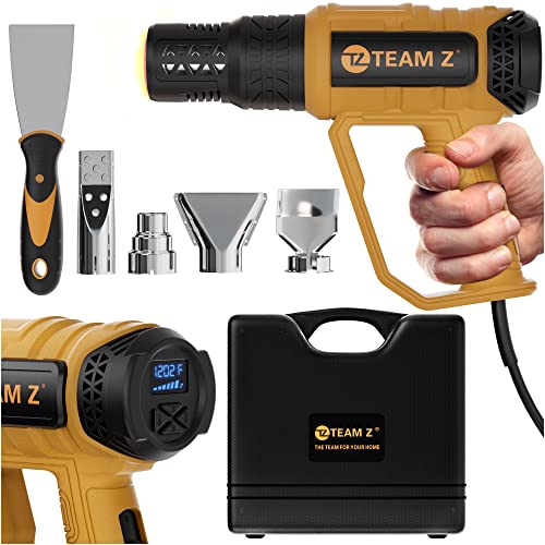 Team Z Premium Heavy Duty Heat Gun Kit with Case – Upgrade LCD Display, Overload Protection & 10 Sec Delayed Turn Off Function - High Temp (140F – 1202F) Hot Air Gun for Vinyl Wrap, Shrink Tubing