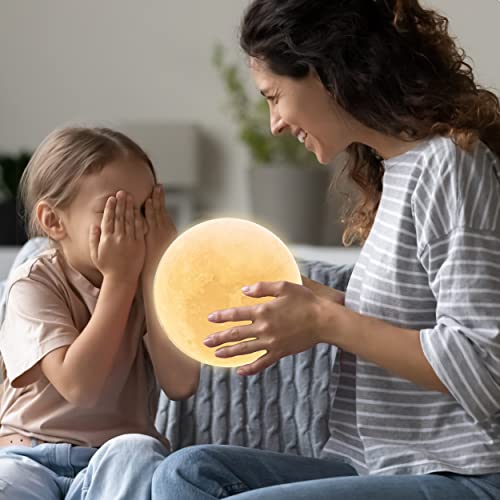 Mydethun 3D Moon Lamp with 7.1 Inch Wooden Base - LED Night Light, Mood Lighting with Touch Control Brightness for Home Décor, Bedroom, Gifts Kids Women New Year Birthday - White & Yellow…