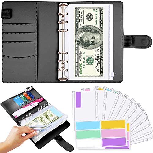 Black A6 Binder and 12 Clear Envelopes, Budget Binder and Cash Envelopes for Budgeting, Mini Binder Pockets Cash Envelope Wallet