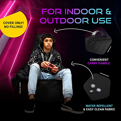 Gaming Bean Bag Chair for Adults [Cover ONLY No Filling] with High Back - Fun Gaming Sofa - Big Bean Bag Chairs for Teens and Kids - Dorm Chair - Gamer Beanbag Gaming Chair (Black/Black)