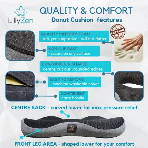 Lillyzen Donut Pillow for Tailbone Orthopedic Pressure Relief Butt Black Gray